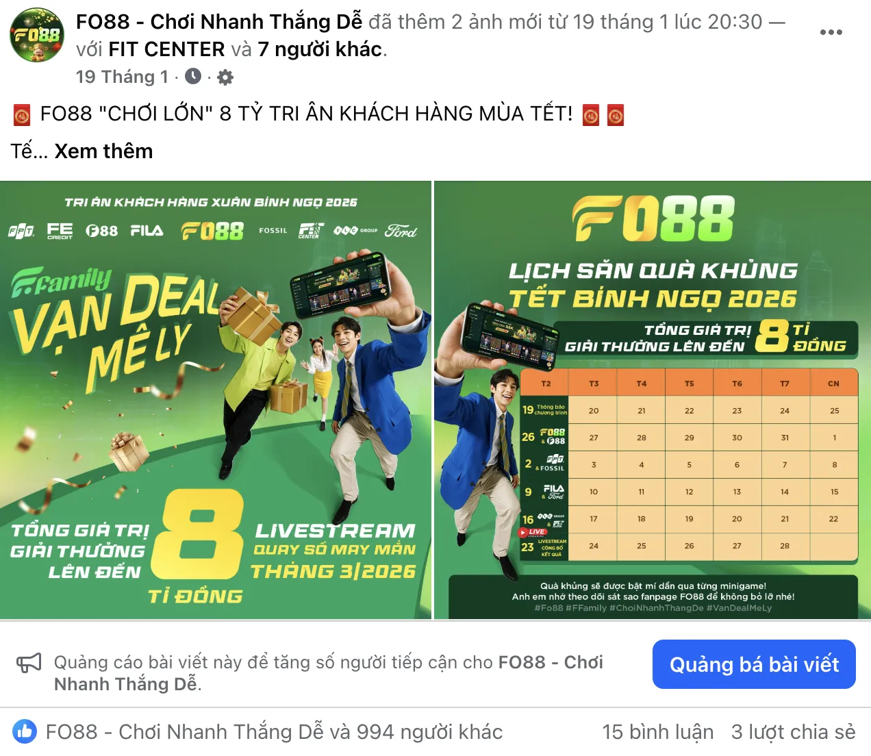 Thông tin hợp tác giữa FO88 và các thương hiệu này đã được đăng tải trên fanpage chính thức.